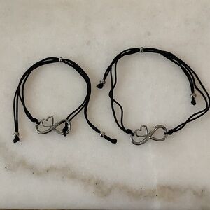 Silver Infinity Heart Bracelets on Black Cord, Brand New